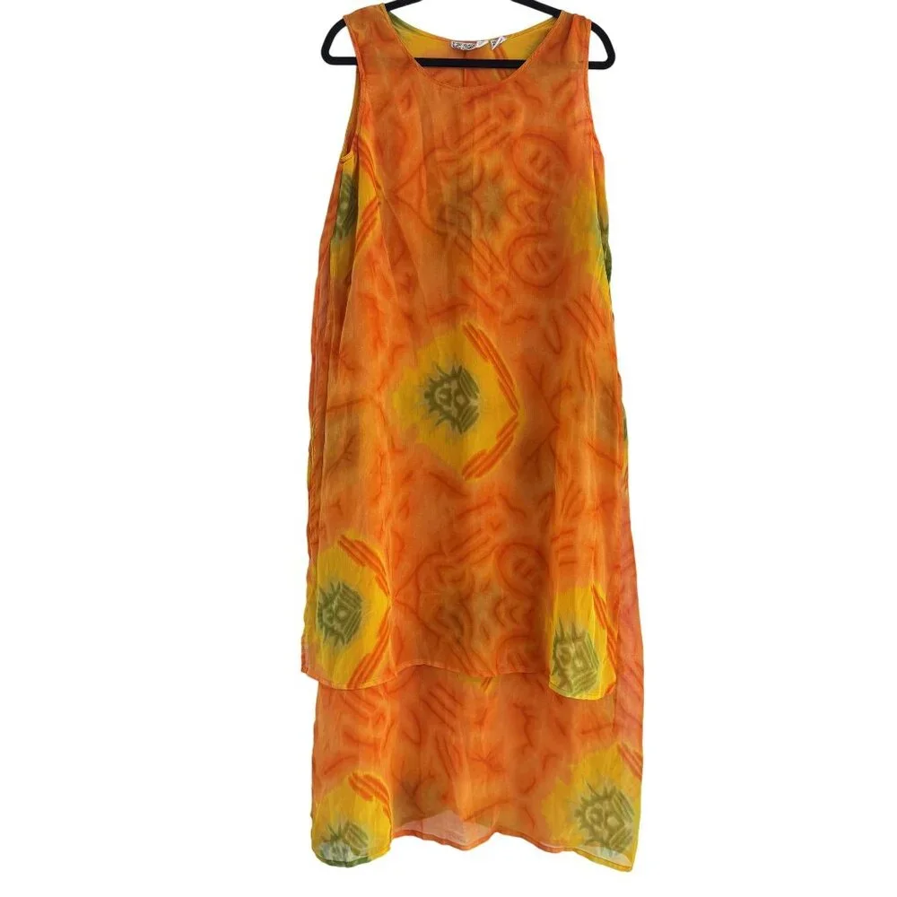 Vintage Kloz Lyne Dress Womens 90s Orange Floral Sheath Overlay Sleeveless Large - Picture 1 of 8